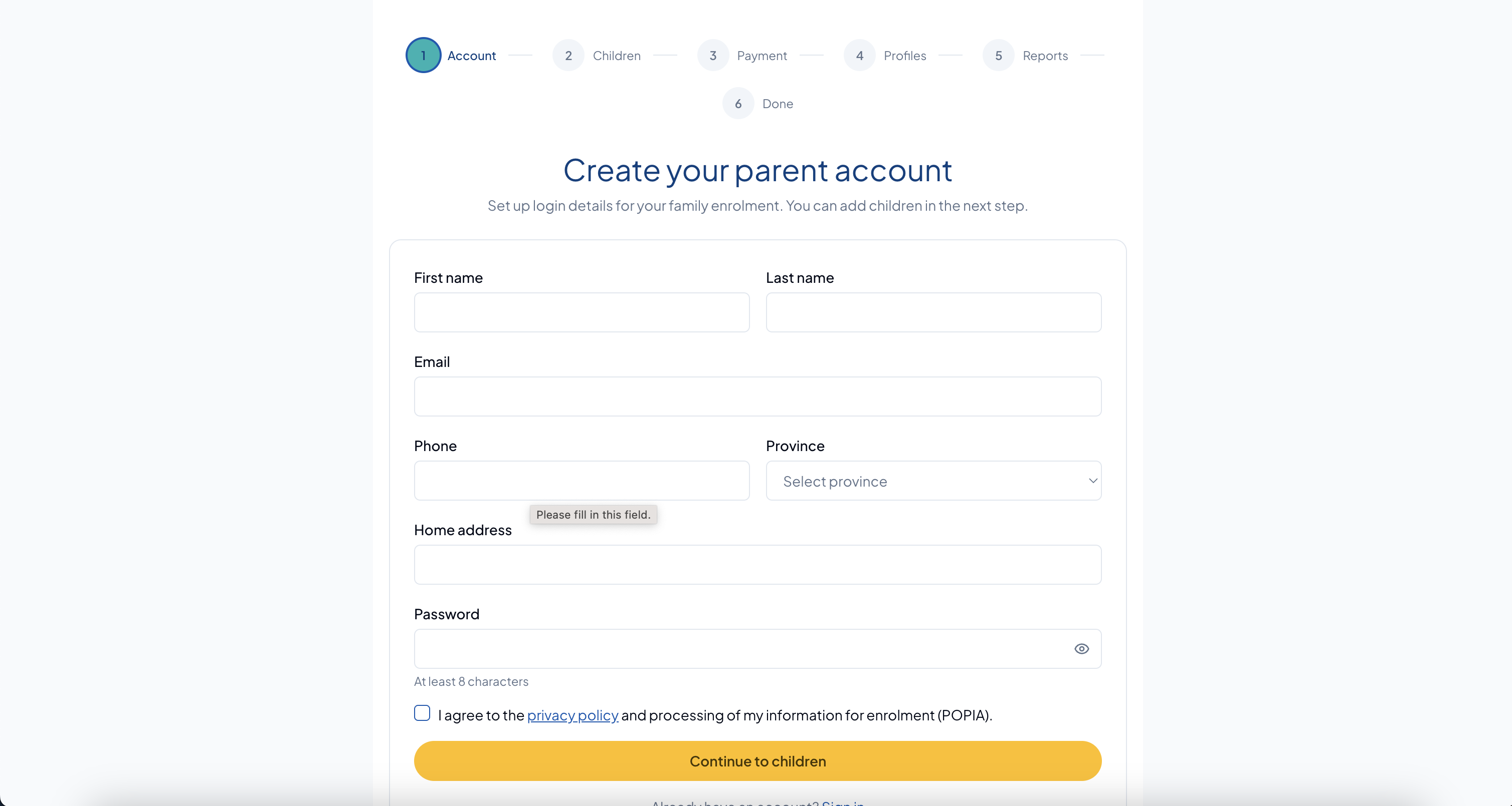 6-step enrolment wizard